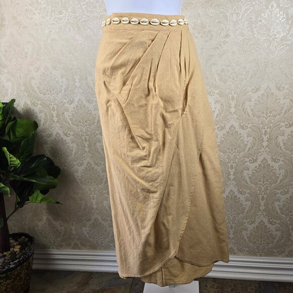 Zara Size Large Tan/Cream Faux Wrap Skirt Cowrie Shells at Waist Tulip Hem NWOT - Picture 1 of 10